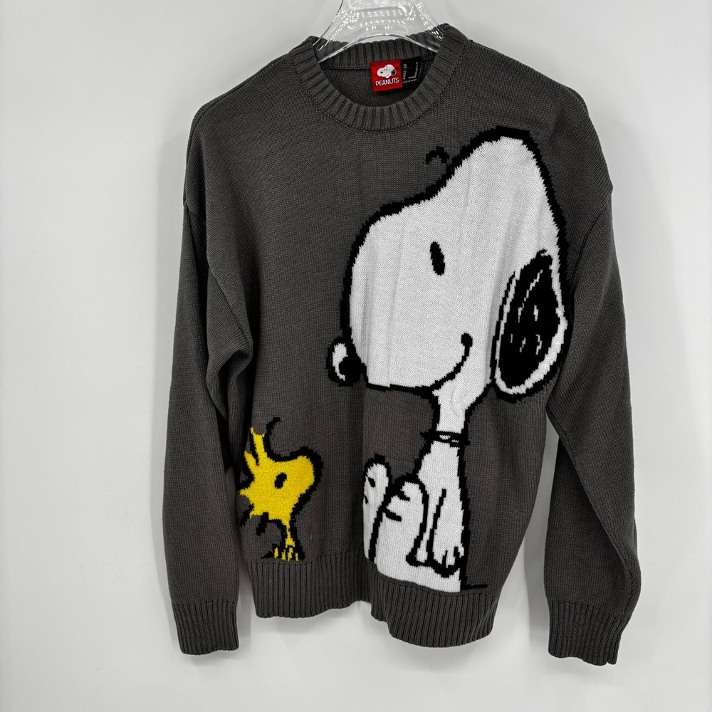 Peanuts Sweater Women Medium Gray Snoopy Woodstock Graphic Pullover